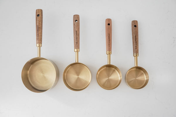 Gold Measuring Cups with Walnut Wood, Set of 4
