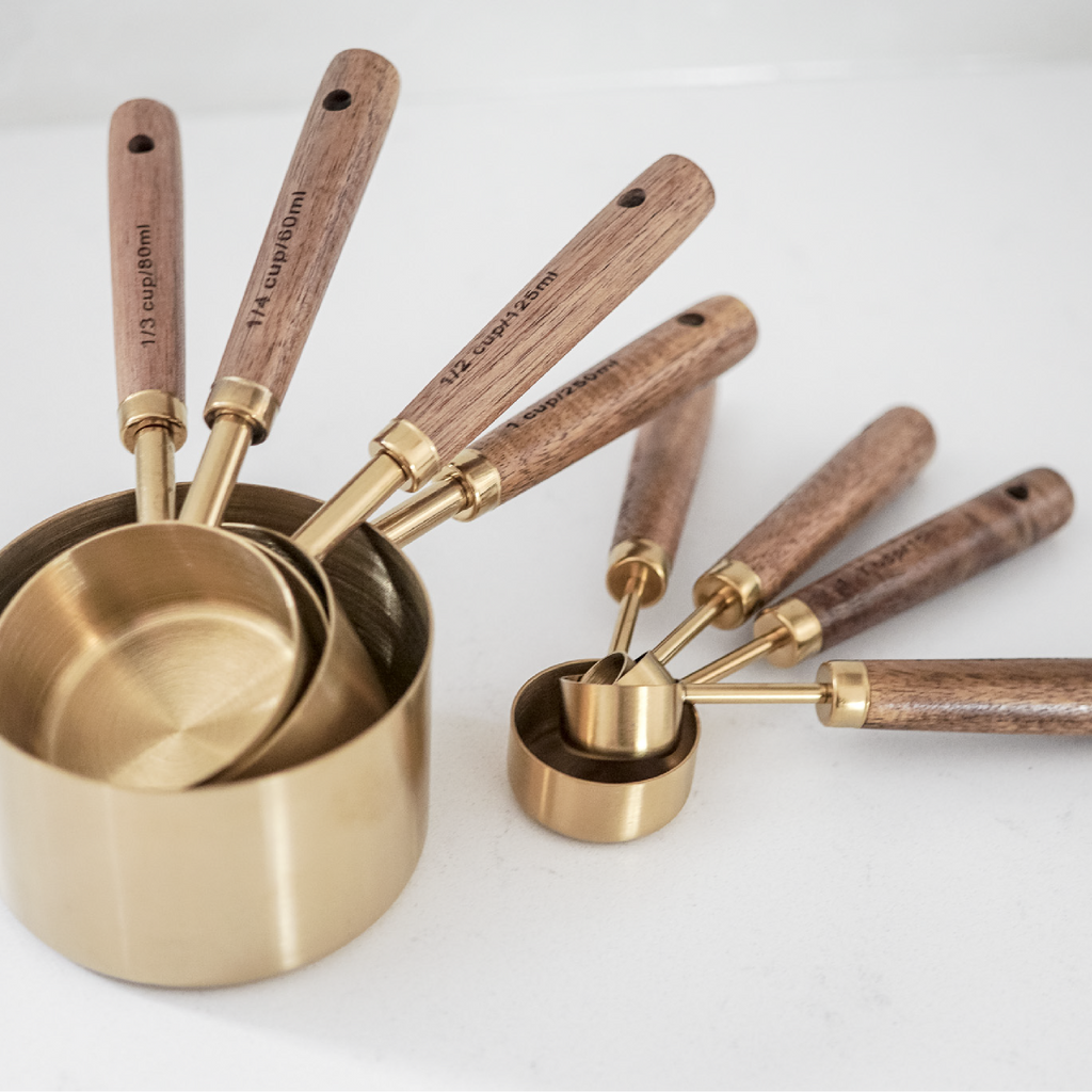 Gold Measuring Cups with Walnut Wood, Set of 4