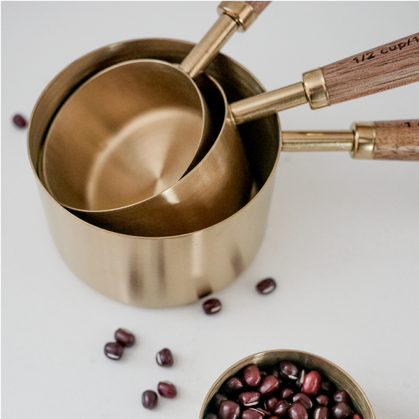 Gold Measuring Cups with Walnut Wood, Set of 4